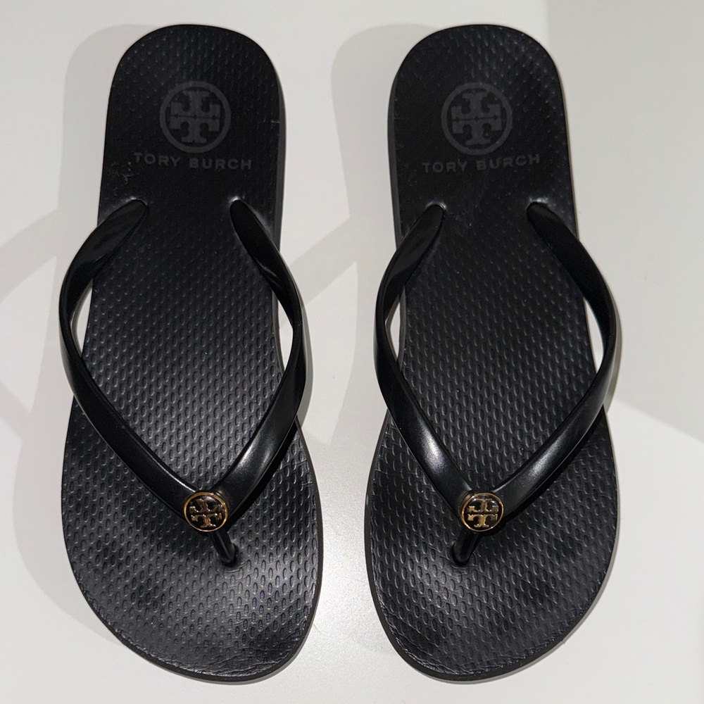 Tory Burch Black Flip Flop Sandals with Gold Logo
